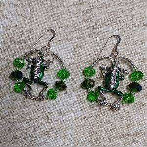 New, Earrings green enamel frogs with rhinestones. SS ear wires